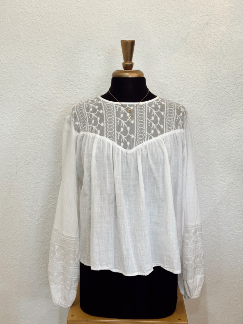 White Embroidered Lace Yoke Long-Sleeve Top
